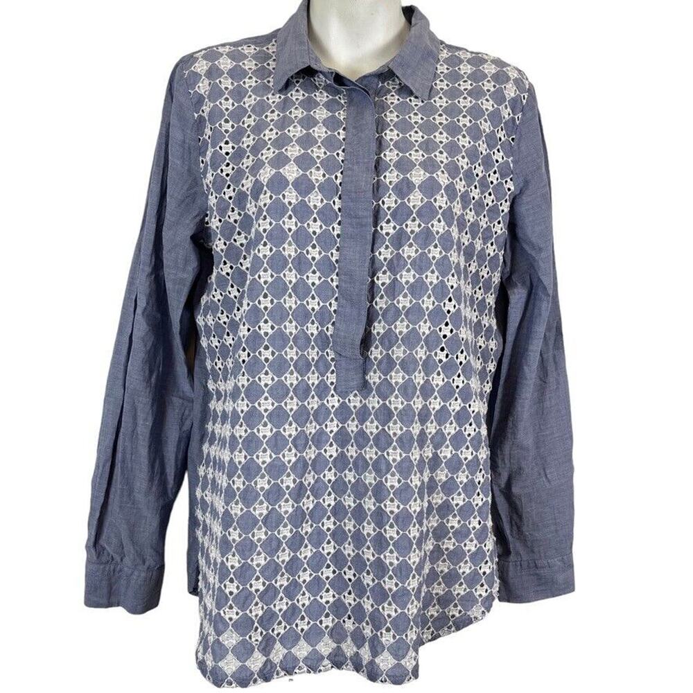 Ann Taylor Loft Softened Shirt Eyelet Embroidered Long Sleeve Button Up Top sz M